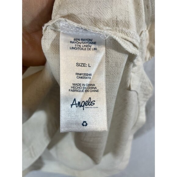 Angels Women’s Large Cream Short Sleeve 1/4 Button Down Rayon Linen Blouse - Picture 3 of 6
